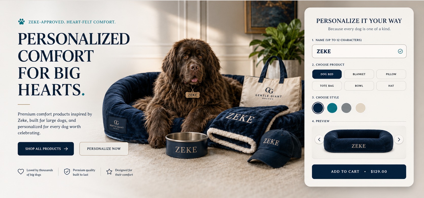 Gentle Giant Brands premium homepage hero with Zeke and personalized products