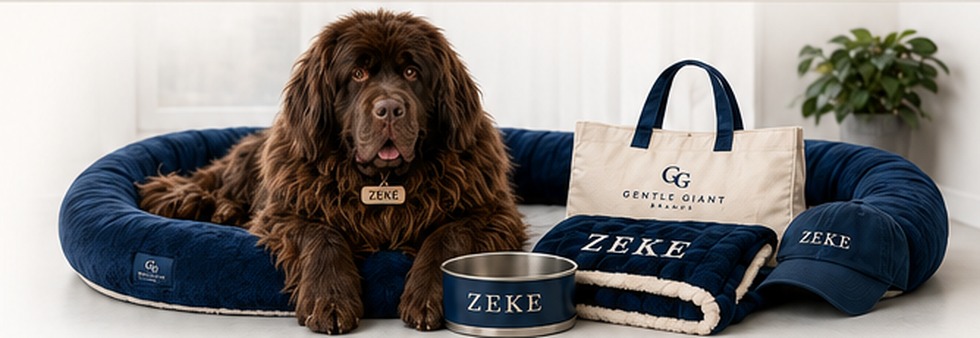 Zeke the Newfoundland with personalized Gentle Giant Brands products